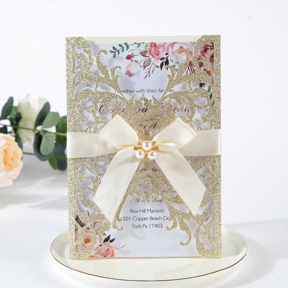 25Pcs Wedding Invitations Glitter Laser Cut Wedding Invitations with Envelopes and Rsvp Cards Blank Inner Sheet Personalized Champagne for Engagement Quinceanera Bridal Baby Shower Anniversary