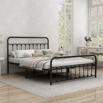 Nightell Queen Size Metal Bed Frame with Vintage Headboard and Footboard Extra Strong Support Non-Slip No Noise and No Box Spring Needed Black
