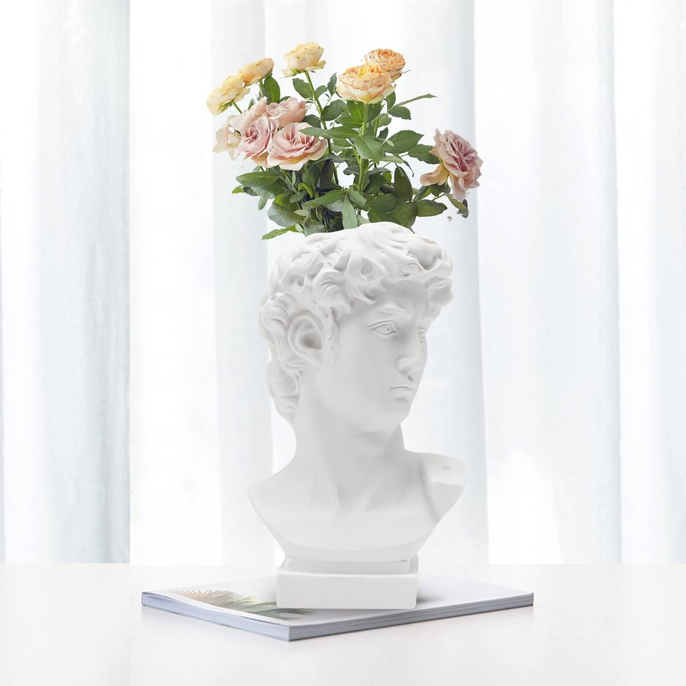 Aynaxcol David Statue Greek Head Vase Bust Face Vase Head Retro Decor, Sculpture Brush Holder Bust, Makeup Brushes Container Pen Holder, 25CM