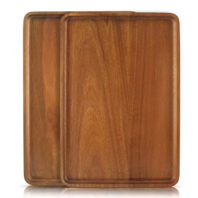 2 PCS 13 x 9 in Solid Acacia Wood Serving Trays Rectangular Wooden Serving Platters Natural Wooden Boards for Bar Coffee Party