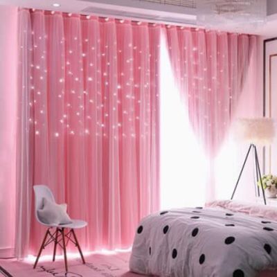 2 Panels Star Pink Blackout Curtains for Kid Girls Bedroom Living Room Decor Darkening Double Layer Star Cut Out Window Curtain (52 inch Width 71 inch Length)