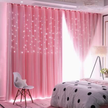 2 Panels Star Pink Blackout Curtains for Kid Girls Bedroom Living Room Decor Darkening Double Layer Star Cut Out Window Curtain (52 inch Width 71 inch Length)