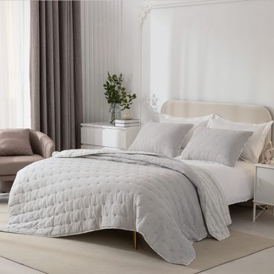 SHALALA Cotton Gauze Quilt Sets, Light Gray Lightweight King Quilt Bedding Sets, Reversible Seersucker Quilts for King Bed, 3pcs Ultro-Soft Bedspread, Breathable Coverlet for All Season