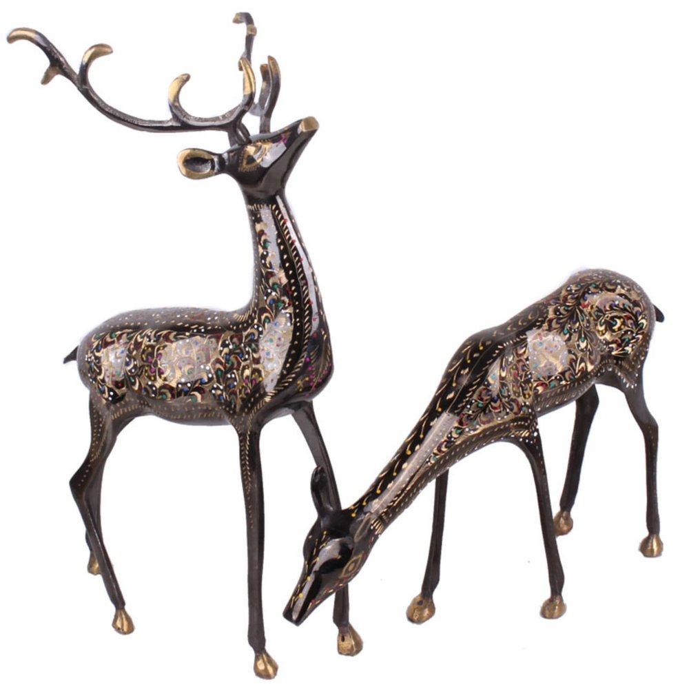 2Pcs Brass Simulation Couple Deer Sculpture,Pakistan Metal Hand-Carved Copper Animal Elk Statue Model Crafts Desktop Ornament Bar Home Living Room Bookshelf Wine Cabinet Decor Accessories