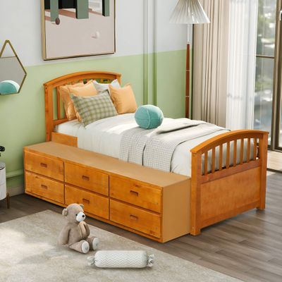 Dgsroom Twin Captain's Bed Storage Daybed with Trundle and Drawers for Kids Teens (Oak)