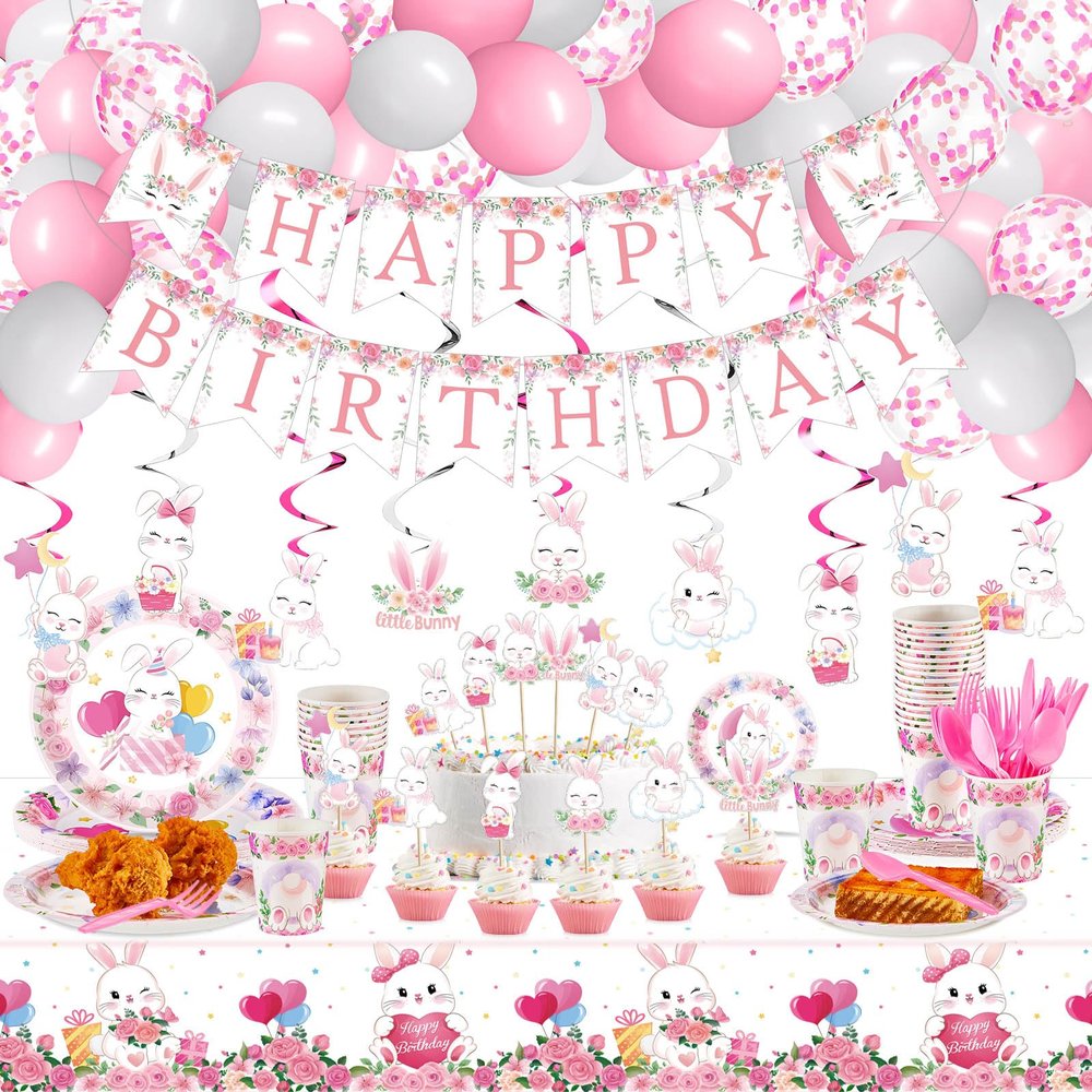 153 Pcs Easter Bunny Birthday Party Decorations Kit with Bunny Banner, Swirl, Latex Balloons, Cupcake Toppers, Paper Plate Cups Disposable Spoon for Rabbit Themed Birthday Party Supplies