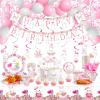 153 Pcs Easter Bunny Birthday Party Decorations Kit with Bunny Banner, Swirl, Latex Balloons, Cupcake Toppers, Paper Plate Cups Disposable Spoon for Rabbit Themed Birthday Party Supplies view 1