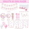 153 Pcs Easter Bunny Birthday Party Decorations Kit with Bunny Banner, Swirl, Latex Balloons, Cupcake Toppers, Paper Plate Cups Disposable Spoon for Rabbit Themed Birthday Party Supplies view 2