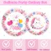 153 Pcs Easter Bunny Birthday Party Decorations Kit with Bunny Banner, Swirl, Latex Balloons, Cupcake Toppers, Paper Plate Cups Disposable Spoon for Rabbit Themed Birthday Party Supplies view 3
