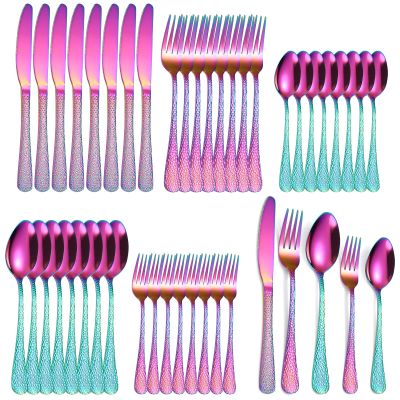 A  HOUSEWARE Hammered Silverware Set Rainbow Stainless Steel Flatware 40 pieces Dinning Utensils Service for 8 include Knife Fork Spoon Durable Easy to Clean