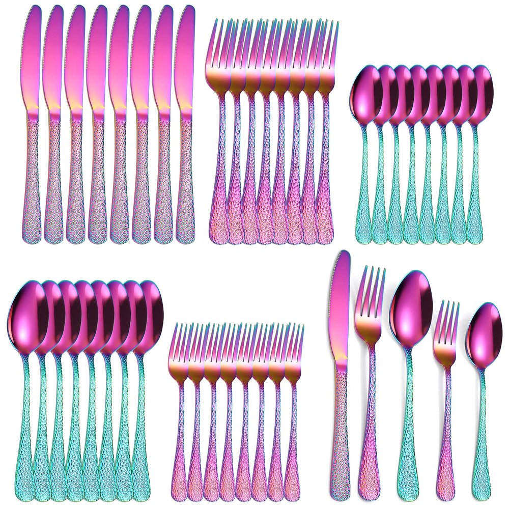 A  HOUSEWARE Hammered Silverware Set Rainbow Stainless Steel Flatware 40 pieces Dinning Utensils Service for 8 include Knife Fork Spoon Durable Easy to Clean