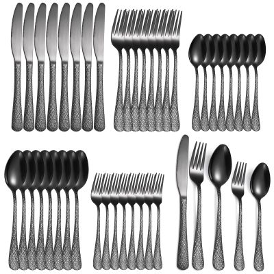 A  HOUSEWARE Black Hammered Silverware Set 8 Stainless Steel Flatware Vintage 40 piece include Knife Fork Spoon Proper Weight for Parties Restaurant Utensils and Kitchen Daily Use