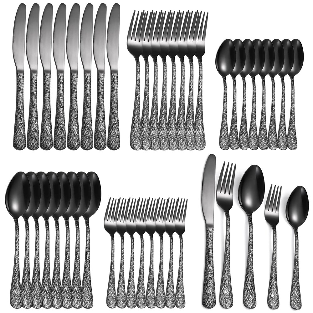A  HOUSEWARE Black Hammered Silverware Set 8 Stainless Steel Flatware Vintage 40 piece include Knife Fork Spoon Proper Weight for Parties Restaurant Utensils and Kitchen Daily Use