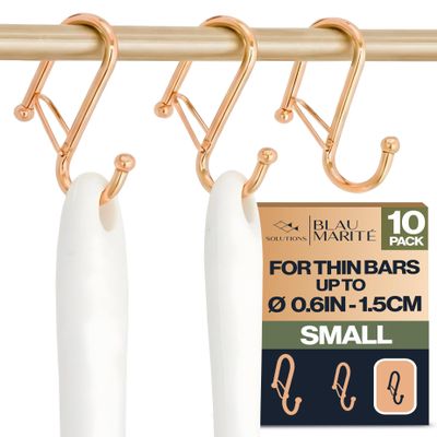 Blau Marit 10-Pack Metal S Hooks for Hanging  Heavy-Duty S-Shaped Hooks with Safety Buckle  Fits Bars up to 0.6 In  Anti-Drop Hook for Kitchen, Pot Racks & Towel Bars  Gold (Small)