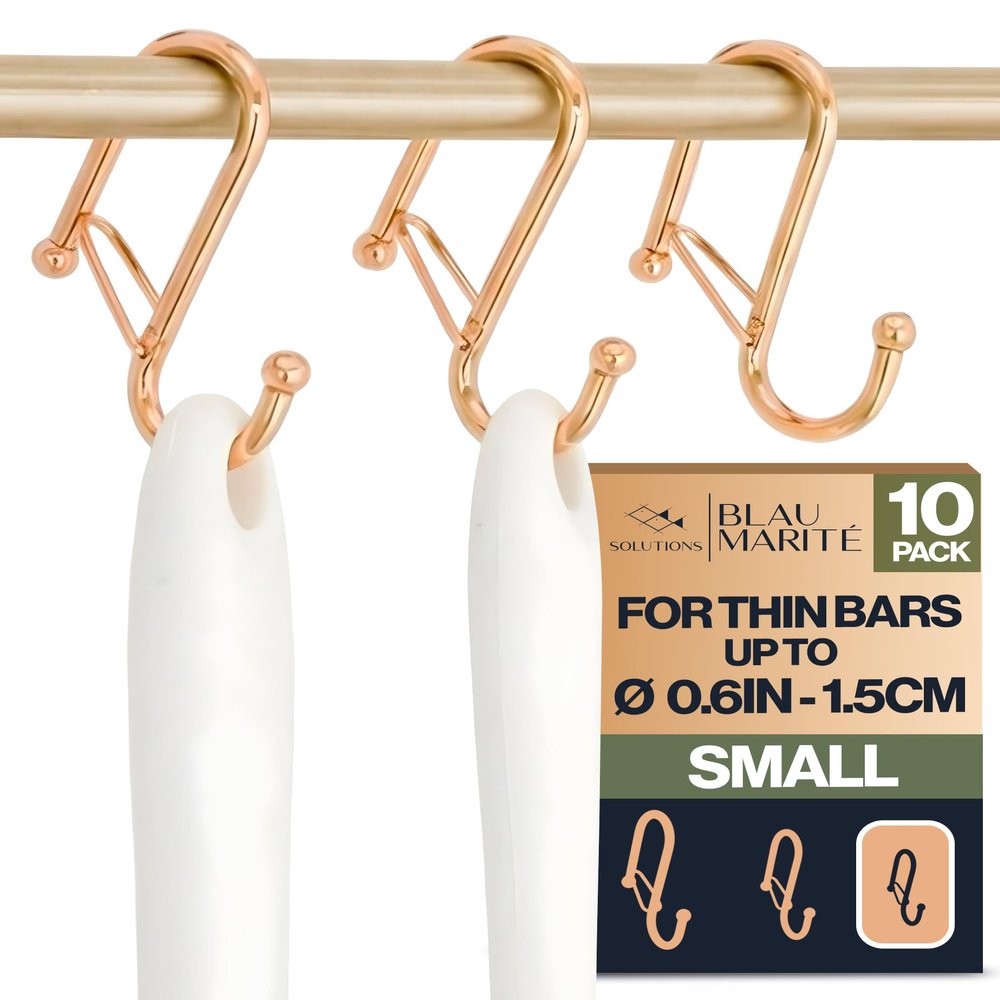Blau Marit 10-Pack Metal S Hooks for Hanging  Heavy-Duty S-Shaped Hooks with Safety Buckle  Fits Bars up to 0.6 In  Anti-Drop Hook for Kitchen, Pot Racks & Towel Bars  Gold (Small)