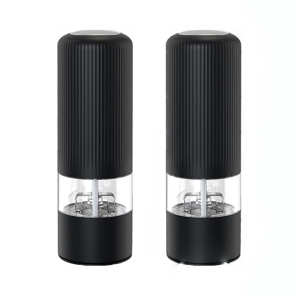 XARONF Electric Salt and Pepper Grinder Set, Salt & Pepper Mill 2 Pcs, LED Light, Adjustable Coarseness, Stainless Steel (Color : Black)