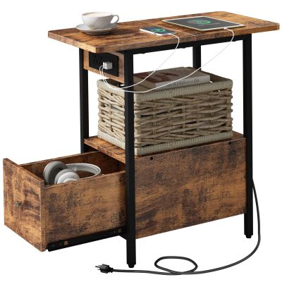 LIDYUK End Table with Charging Station, Narrow Side Table with Drawer and USB Ports & Power Outlets, Nightstand Bedside Tables for Small Spaces, Bedroom, Living Room, Rustic Brown