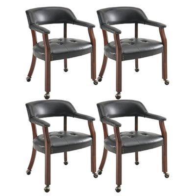 LEEMTORIG Set of 4 Large Dining Chairs with Casters and Arms, Rolling Dining Chairs with Wheels, Accent Game Table Chairs, 26Dx25.2 Wx31.5H, Cherry Legs & Black SY-1533-BK
