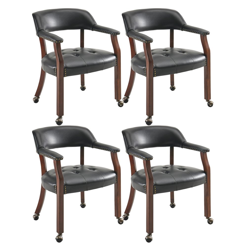 LEEMTORIG Set of 4 Large Dining Chairs with Casters and Arms, Rolling Dining Chairs with Wheels, Accent Game Table Chairs, 26Dx25.2 Wx31.5H, Cherry Legs & Black SY-1533-BK