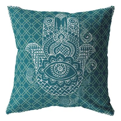 16 Teal White Hamsa Boho Suede Throw Pillow