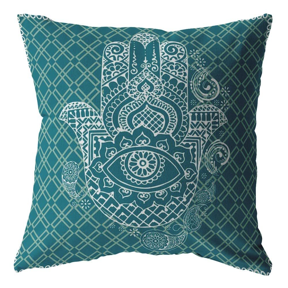 16 Teal White Hamsa Boho Suede Throw Pillow