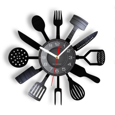 ICECHEN Wall Decoration Clock 12Inch/30Cm Tableware for Western Food Vinyl Wall Clock Eggbeater Fork Knife Slotted Turner Wall Watch Kitchen Hanging Decor