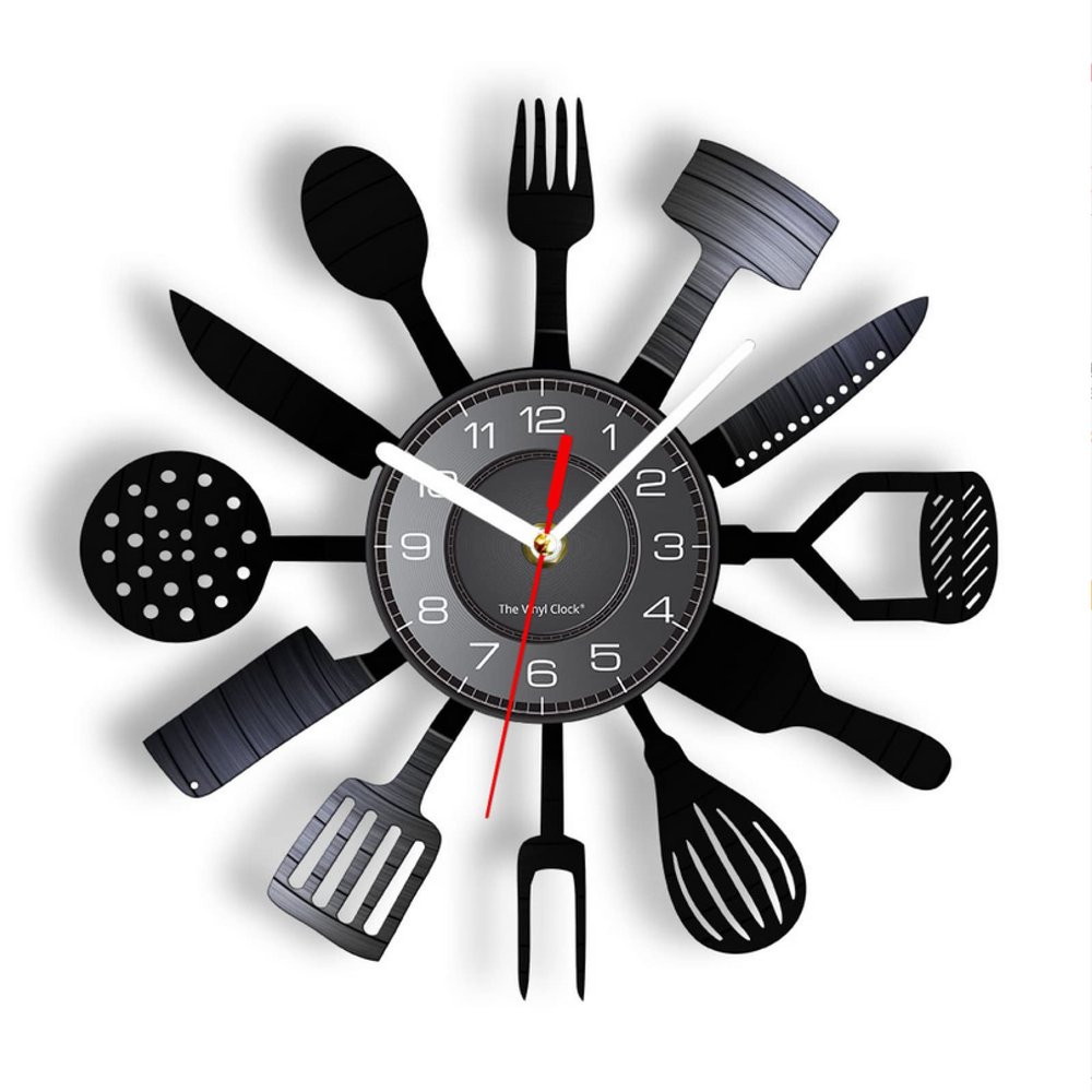 ICECHEN Wall Decoration Clock 12Inch/30Cm Tableware for Western Food Vinyl Wall Clock Eggbeater Fork Knife Slotted Turner Wall Watch Kitchen Hanging Decor