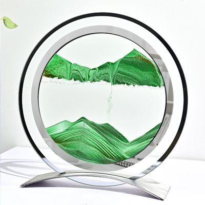 IMPREC 3D Hourglass Art Decorative Ornaments, Flowing Sand Motion Scenery Glass Desktop Room Ornament Craft, Form Mountains Valleys Dunes (Color : Green)