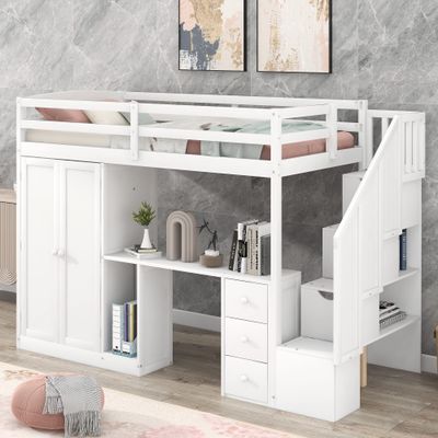 Hlcodca Classic Twin Size Loft Bed with Built-in Desk and Drawers,Wood Loft Bed with Wardrobe,Storage Stairs and Open Cabinet,for Kids Teens Adults Bedroom (White#S)
