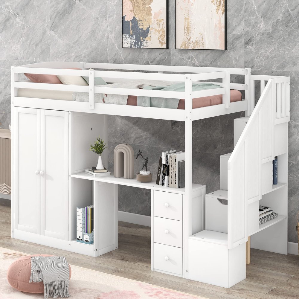 Hlcodca Classic Twin Size Loft Bed with Built-in Desk and Drawers,Wood Loft Bed with Wardrobe,Storage Stairs and Open Cabinet,for Kids Teens Adults Bedroom (White#S)