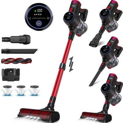 VYKLO V8 Cordless Vacuum Cleaner, Powerful Suction Stick Vacuum, 55Mins Runtime, Wireless Lightweight Handheld Vacuum Cleaner for Home, Hardwood Floor, Carpet, Car, Pet Hair Cleaning (Red)