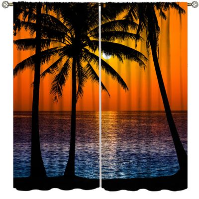 Beach View Curtains,Tropical Beach Summer Island Palm Tree Landscape Blackout Decorative Curtains Bedroom Living Room Kitchen 42x45 Inch