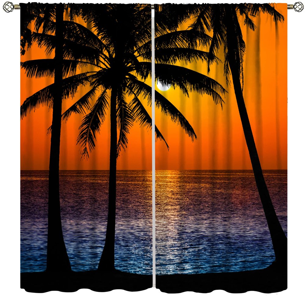 Beach View Curtains,Tropical Beach Summer Island Palm Tree Landscape Blackout Decorative Curtains Bedroom Living Room Kitchen 42x45 Inch