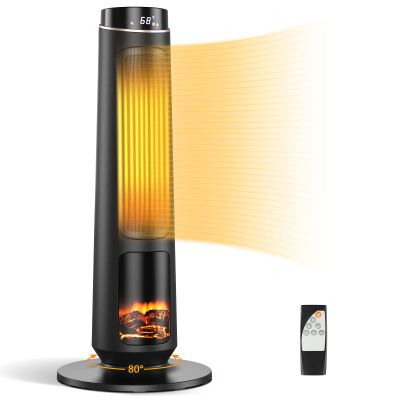 COSTWAY Electric Space Heater for Indoor Use, 1500W PTC Ceramic Tower Heater w/Remote Control, 3D Realistic Flame, 80 Oscillating, Portable Heater for Living Room Bedroom Office Large Room