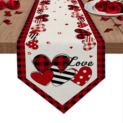Valentines Table Runner Dresser Scarves, Valentine's Day Love Heart Red Black Buffalo Plaid Table Runners 108 Inch Long,Washable Kitchen Dining Coffee Table Decor for Farmhouse Party Holiday Dinner