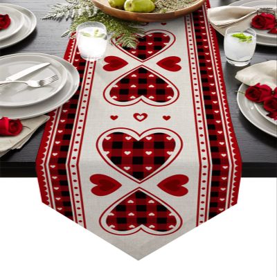 Valentines Table Runner Dresser Scarves, Valentine's Day Red Black Plaid Love Heart Table Runners 108 Inch Long,Non-Slip Washable Kitchen Dining Coffee Table Decor for Farmhouse Party Holiday Dinner
