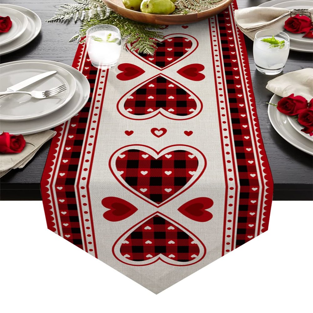 Valentines Table Runner Dresser Scarves, Valentine's Day Red Black Plaid Love Heart Table Runners 108 Inch Long,Non-Slip Washable Kitchen Dining Coffee Table Decor for Farmhouse Party Holiday Dinner