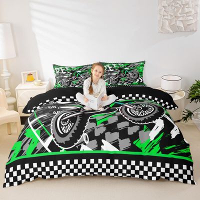 Fluorescence Green Dirt Bike Duvet Cover Speed Dirt Bike Bedding Set Extreme Sports Comforter Cover for Boys Girls Racing Motocross Bed Set Motorcycle Full Size with 2 Pillow Case (No Comforter)