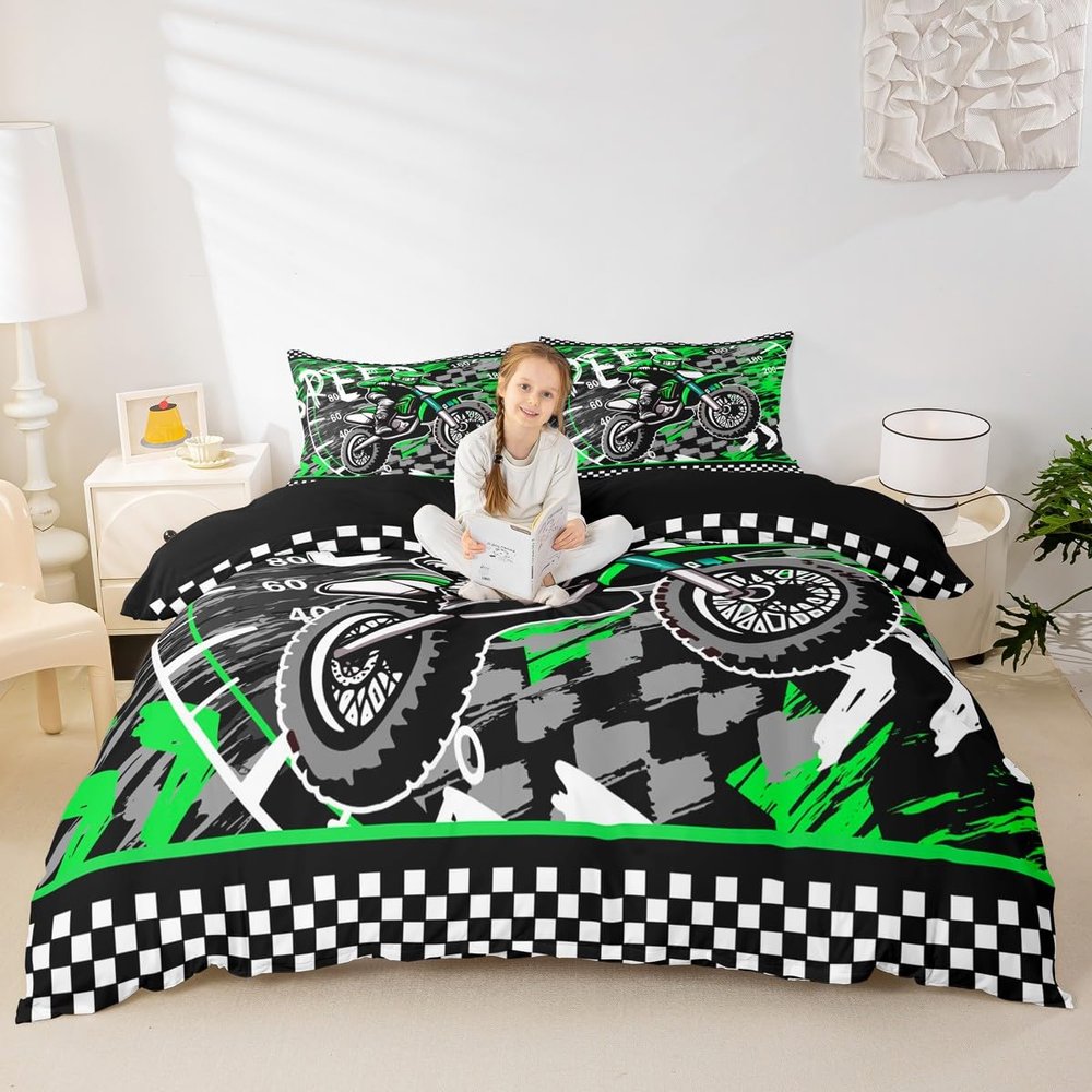 Fluorescence Green Dirt Bike Duvet Cover Speed Dirt Bike Bedding Set Extreme Sports Comforter Cover for Boys Girls Racing Motocross Bed Set Motorcycle Full Size with 2 Pillow Case (No Comforter)