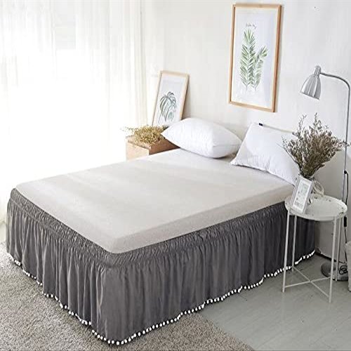 Kings Loft Luxury Pom Pom Wrap Around BedSkirt 100% Egyptian Cotton 1000 Thread Count, Top-Knot Tassle Pompom Fringe White Solid Pattern, 18 Inch Drop Olympic Queen Size, Dark Grey Solid