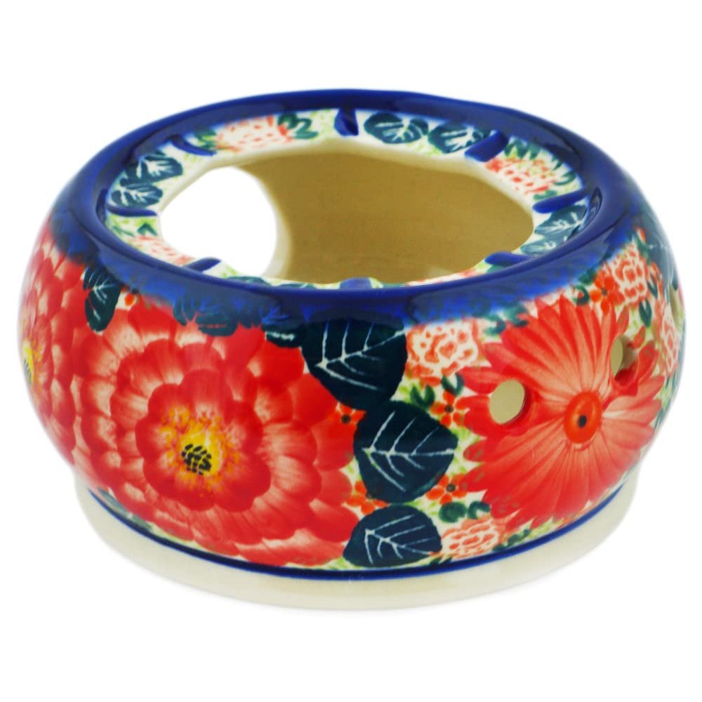 Polmedia Polish Pottery Heater UNIKAT - Radiant Red Garden Pattern Handmade in Boleslawiec Poland by Ceramika Bona + Certificate of Authenticity