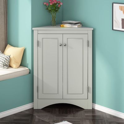 Free-Standing Corner Storage Cabinet, Triangle Bathroom Corner Cabinet with Two Doors and Adjustable Shelves Compact Floor Cabinet for Bathroom, Kitchen, Living Room 17.2''L x 17.2''W x 31.5''H, Grey