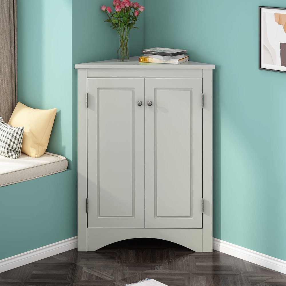 Free-Standing Corner Storage Cabinet, Triangle Bathroom Corner Cabinet with Two Doors and Adjustable Shelves Compact Floor Cabinet for Bathroom, Kitchen, Living Room 17.2''L x 17.2''W x 31.5''H, Grey