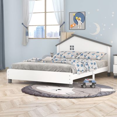Aiuyesuo Funny Design Full Size Platform Bed for Kids Teens Boys Girls, Solid Wood Platform Bed Frame with House-Shaped Headboard, Sturdy Slat Support (White, Full)