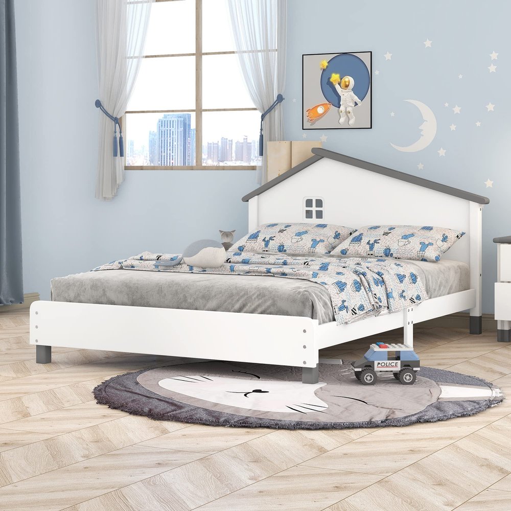 Aiuyesuo Funny Design Full Size Platform Bed for Kids Teens Boys Girls, Solid Wood Platform Bed Frame with House-Shaped Headboard, Sturdy Slat Support (White, Full)