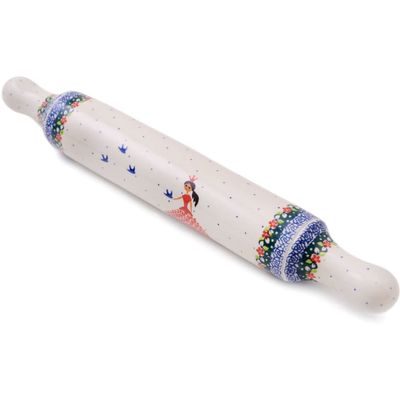 Polmedia Polish Pottery Rolling Pin - Bird Princess Pattern Handmade in Boleslawiec Poland by Ceramika Artystyczna + Certificate of Authenticity