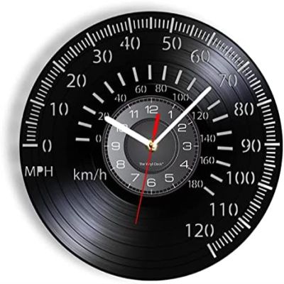 12In Wall Clock Silent Non-Ticking Vintage Speedometer Vinyl Record Wall Clock for Home Garage Decor Racing Car Speedo Tachometer Speed Automobile Art Wall Clock