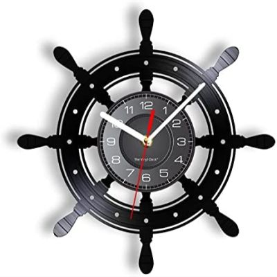 12 Inch Wall Vinyl Decorative Wall Clocks Sailing Boat Steering Vinyl LP Record Wall Clock Boat Yacht Wheel Nautical Decor Silent Non Ticking Wall Watch Boat Captain Gift