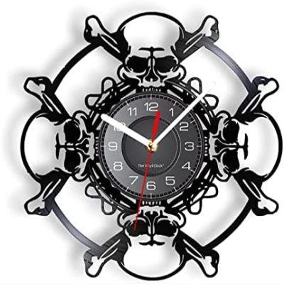 12In Wall Clock Silent Non-Ticking Skull Head Vinyl Record Wall Clock Aged Skeleton Head Wall Clock Skeleton Vampire Men Halloween Decor Wall Hanging Clock Watch