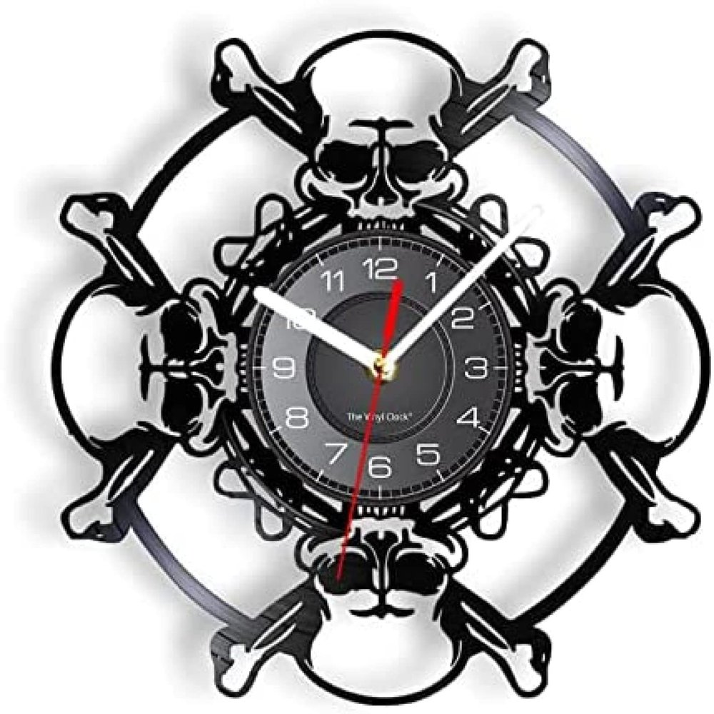 12In Wall Clock Silent Non-Ticking Skull Head Vinyl Record Wall Clock Aged Skeleton Head Wall Clock Skeleton Vampire Men Halloween Decor Wall Hanging Clock Watch
